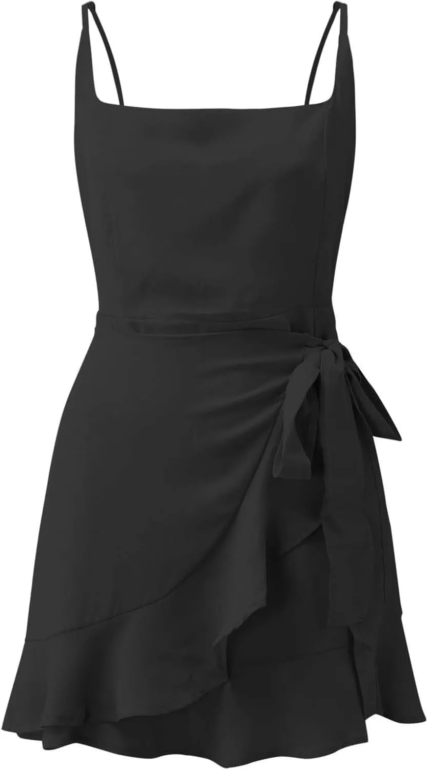 Teen Girls Birthday Dresses for Women Trendy Petite Spaghetti Straps Side Ruffle Tie Empire Waist Mermaid Mini Shirt Dress