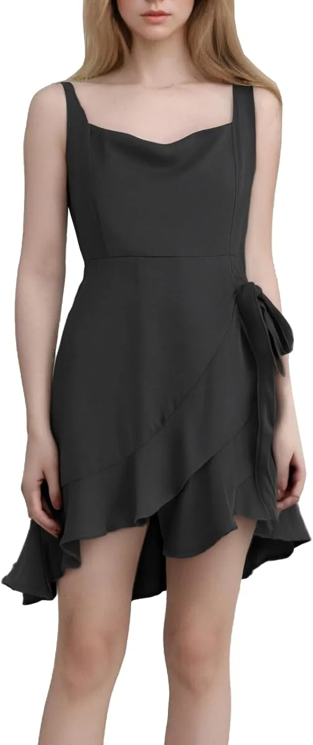 Teen Girls Birthday Dresses for Women Trendy Petite Spaghetti Straps Side Ruffle Tie Empire Waist Mermaid Mini Shirt Dress