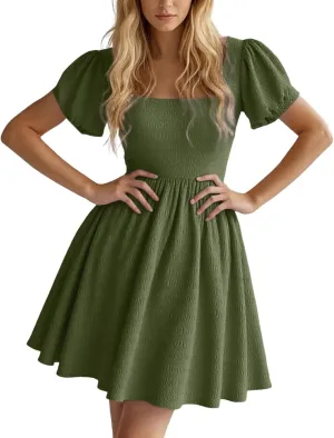Teens Western Dress Casual Y2K Smocked Flutter Short Sleeve A Line Flowy Swing MIni Dresses Cocktail Party Teacher Outfits