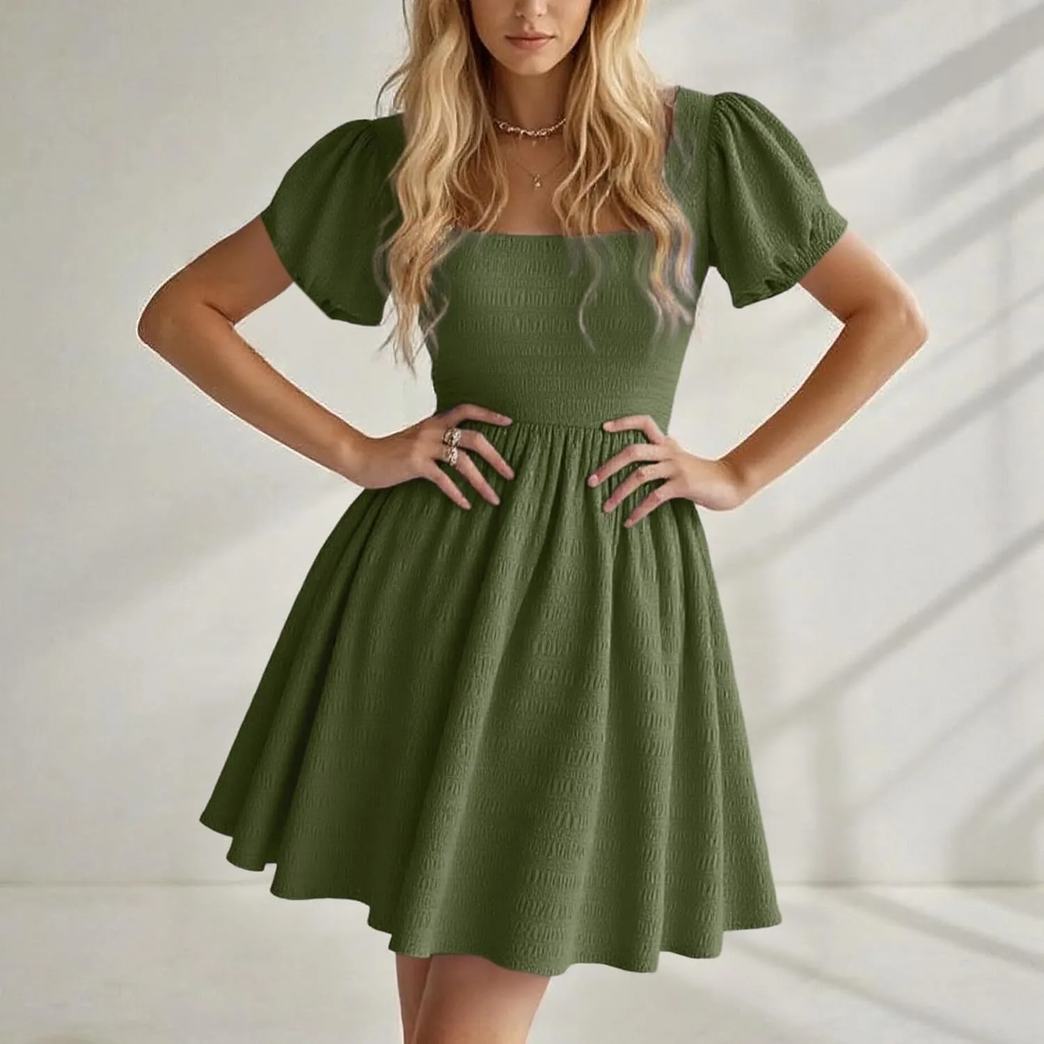 Teens Western Dress Casual Y2K Smocked Flutter Short Sleeve A Line Flowy Swing MIni Dresses Cocktail Party Teacher Outfits