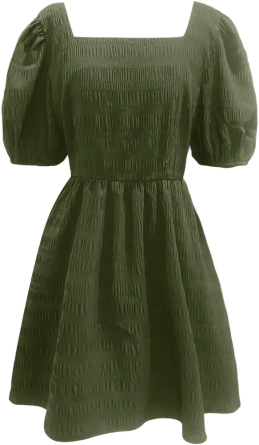 Teens Western Dress Casual Y2K Smocked Flutter Short Sleeve A Line Flowy Swing MIni Dresses Cocktail Party Teacher Outfits