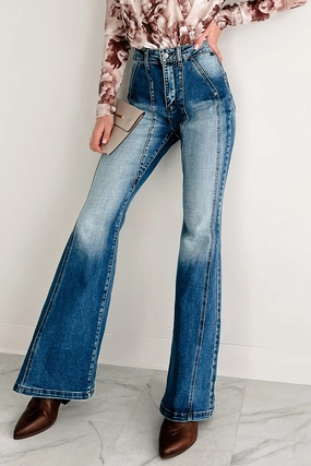 Flexible Leg Double Layered Hem Teeter Cello High Rise Front Seam Flare Jeans (Medium)