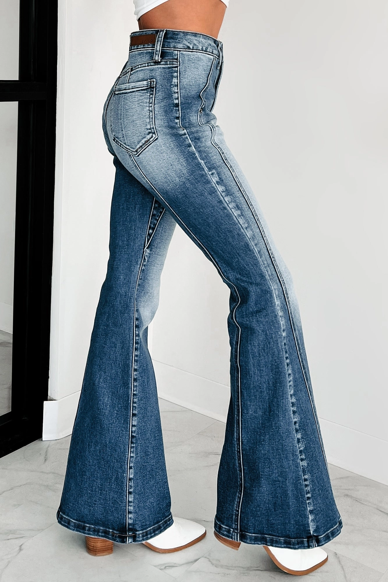 Ripstop Reinforcement Teeter Cello High Rise Front Seam Flare Jeans (Medium)