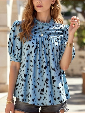 Noise Reducing Fabric Treatment Flatlock Seam Design Temperament Casual Printed Short Sleeve Top ??Lightweight Vivid Blouse for Women