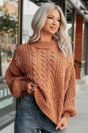 PlushLining Breathable Ventilation Things Change POL Cable Knit Sweater (Burnt Topaz)