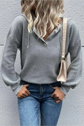 BUTTON NECK HOODIE CASUAL TOP BondedEdges NonRestrictiveCollar
