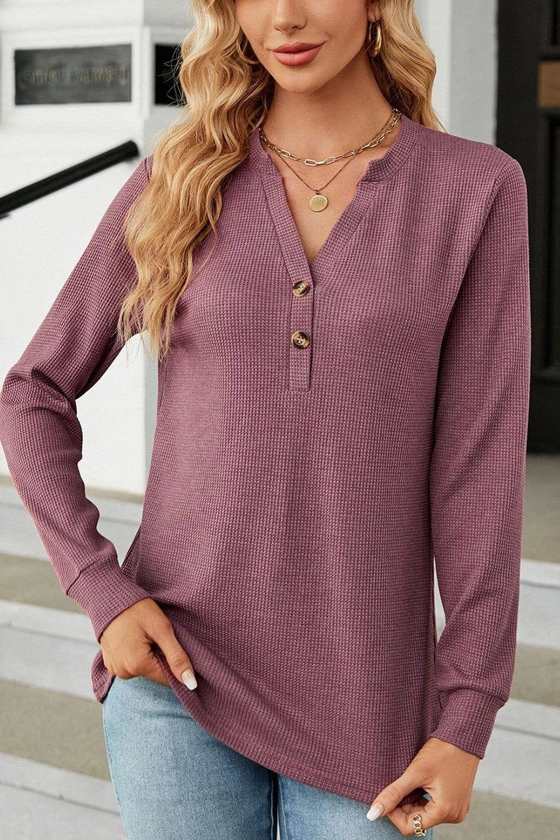 WOMEN BUTTON NECK KNITTED DAILY TOP LowMaintenanceMaterial