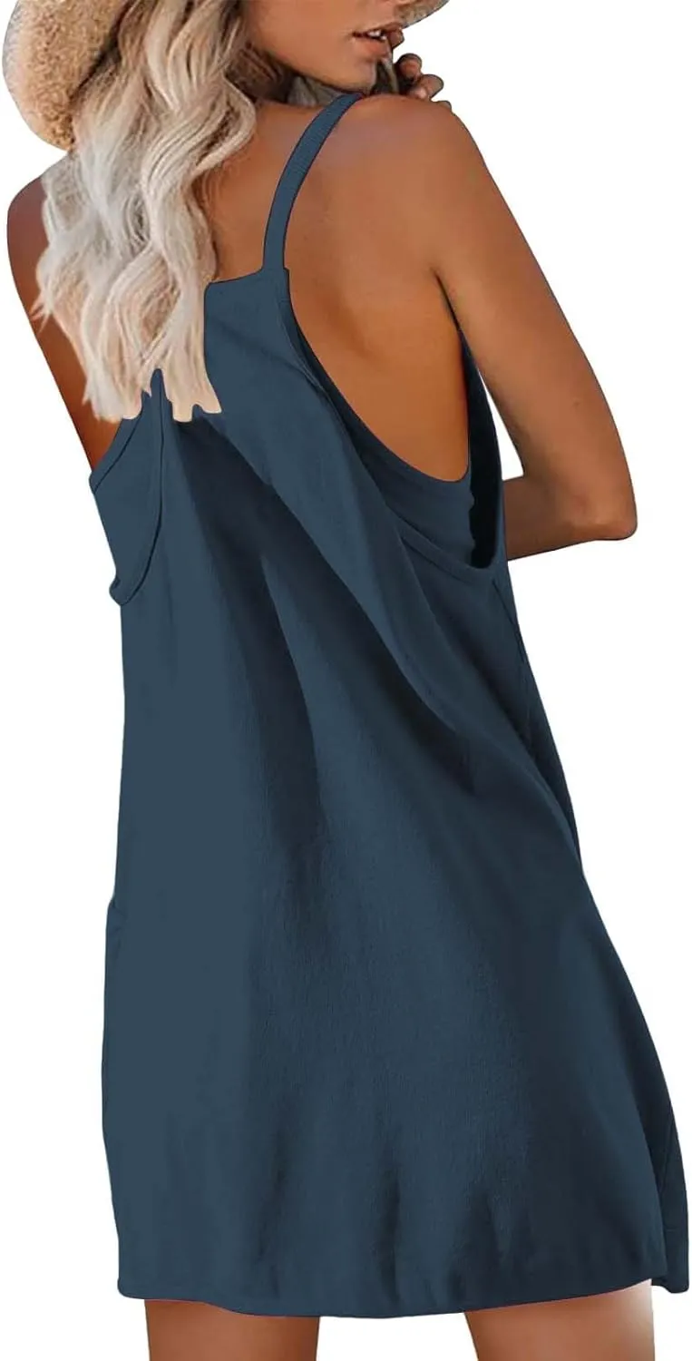 Tennis Dress for Women Built-in Shorts Casual Sleeveless Spaghetti Strap Sundress Workout Athletic Dress with Pocket