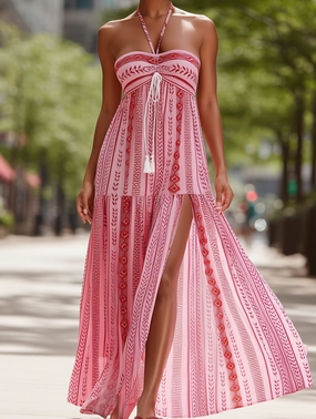 Boho Slit Halterneck Slip Dress ??Resort Collection Modern Lines Party Floral