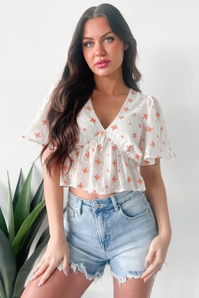 Irresistible Feelings Flutter Sleeve V-Neck Top (White/Coral) Bound Seam Finish FlexibleNeckline