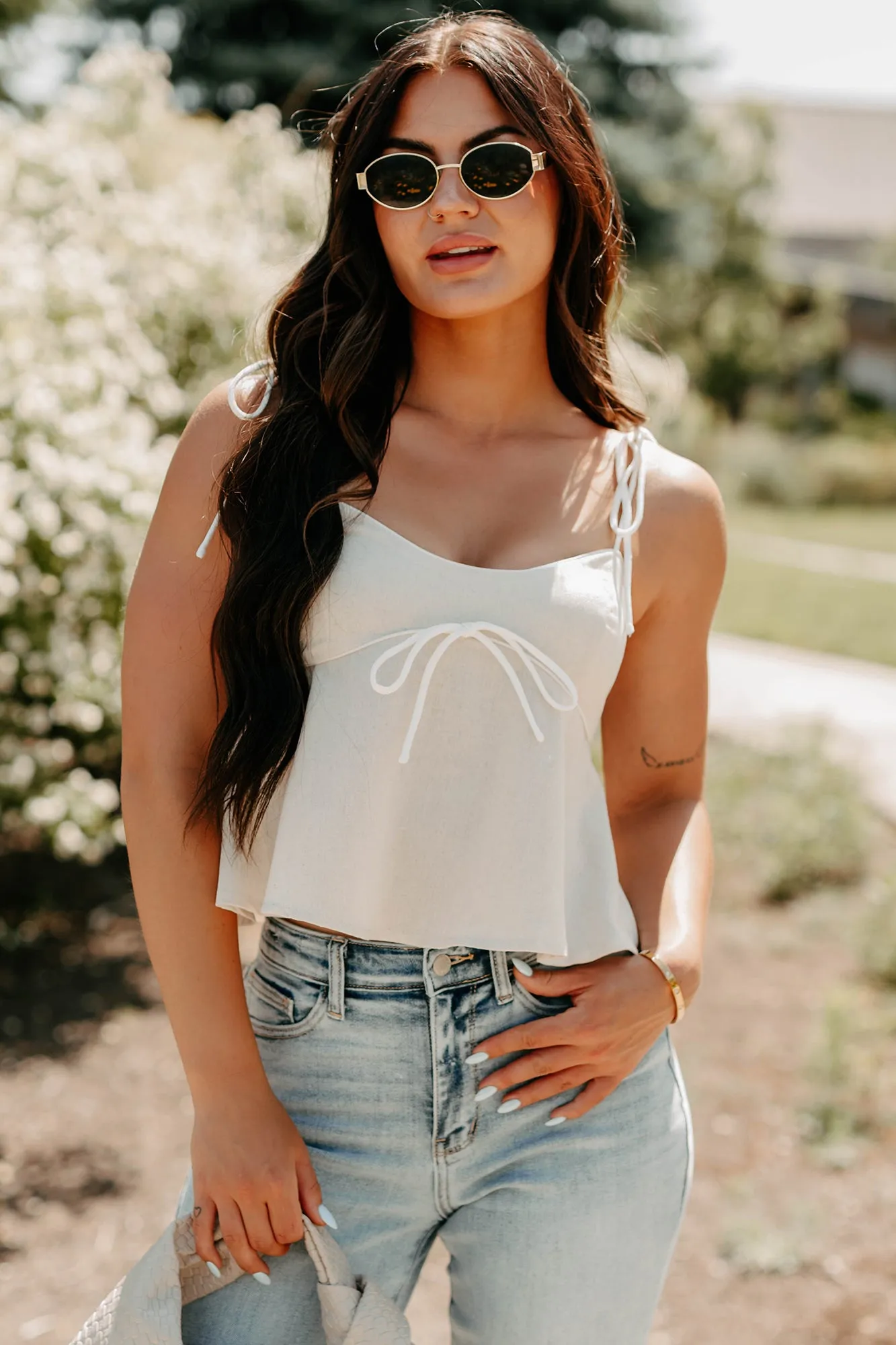 Durable Reinforced Elbow Patches The Air I Breathe Linen Shoulder Tie Tank Top (Natural)