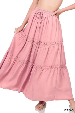 The Anna Drawstring Waist Tiered Maxi Skirt- Lt. Rose