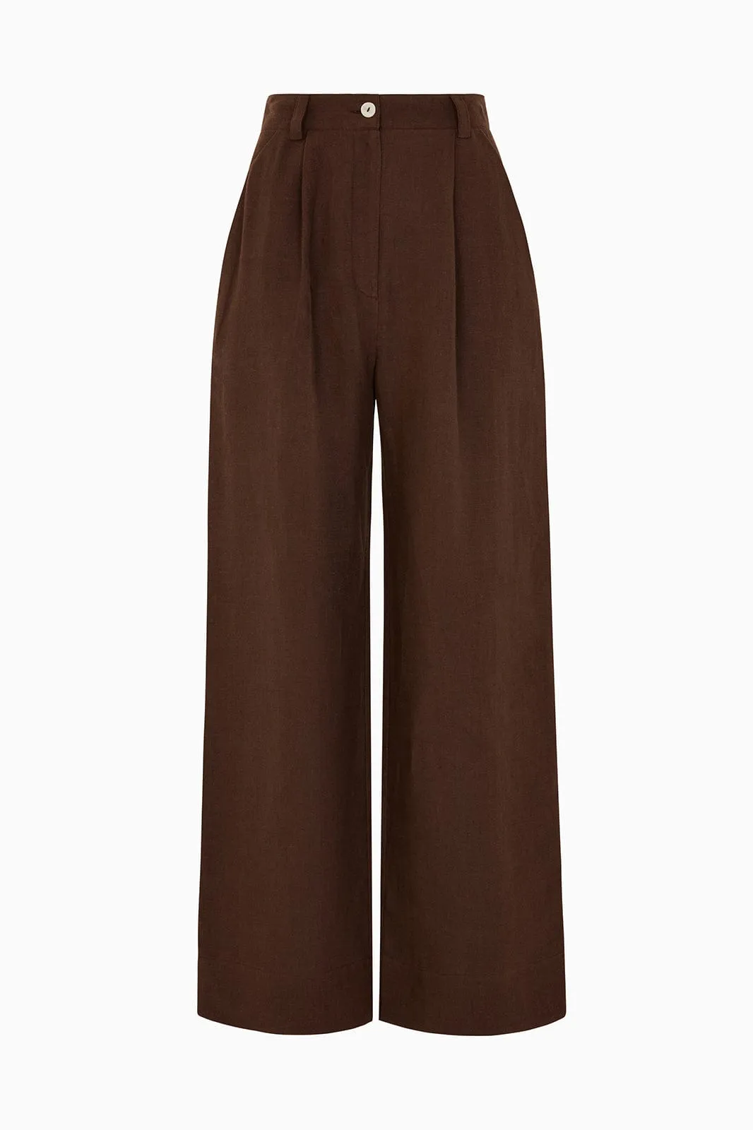 The Wabi Pleated Linen Trousers in chocolate