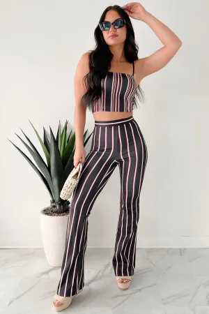 Button Down Collar Style Elegant Cardigan The Whole Shebang Striped Two Piece Set (Black)