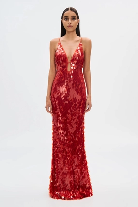 Statement Neck Street Casual The 'Sapphire' Sequin Maxi Dress Red