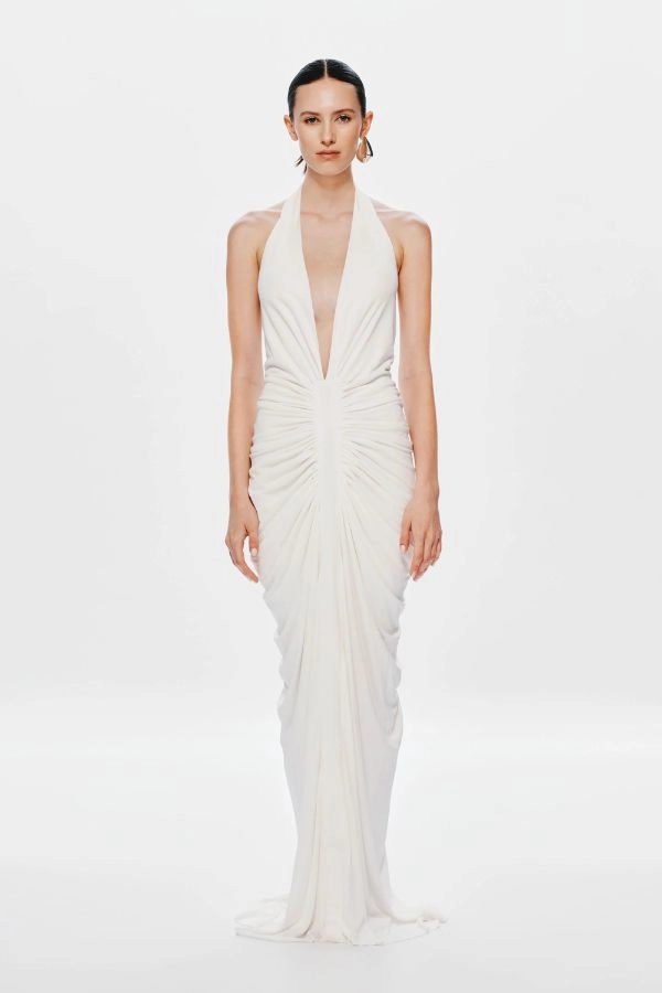 Chic Tailoring The 'Venus' Gathered Cupro Dress Ivory