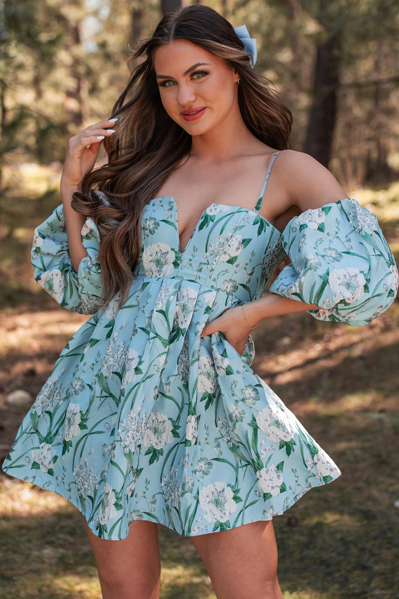 The Beauty Within Off The Shoulder Floral Mini Dress (Aqua Blue) Polished Wear Relaxed Vibe