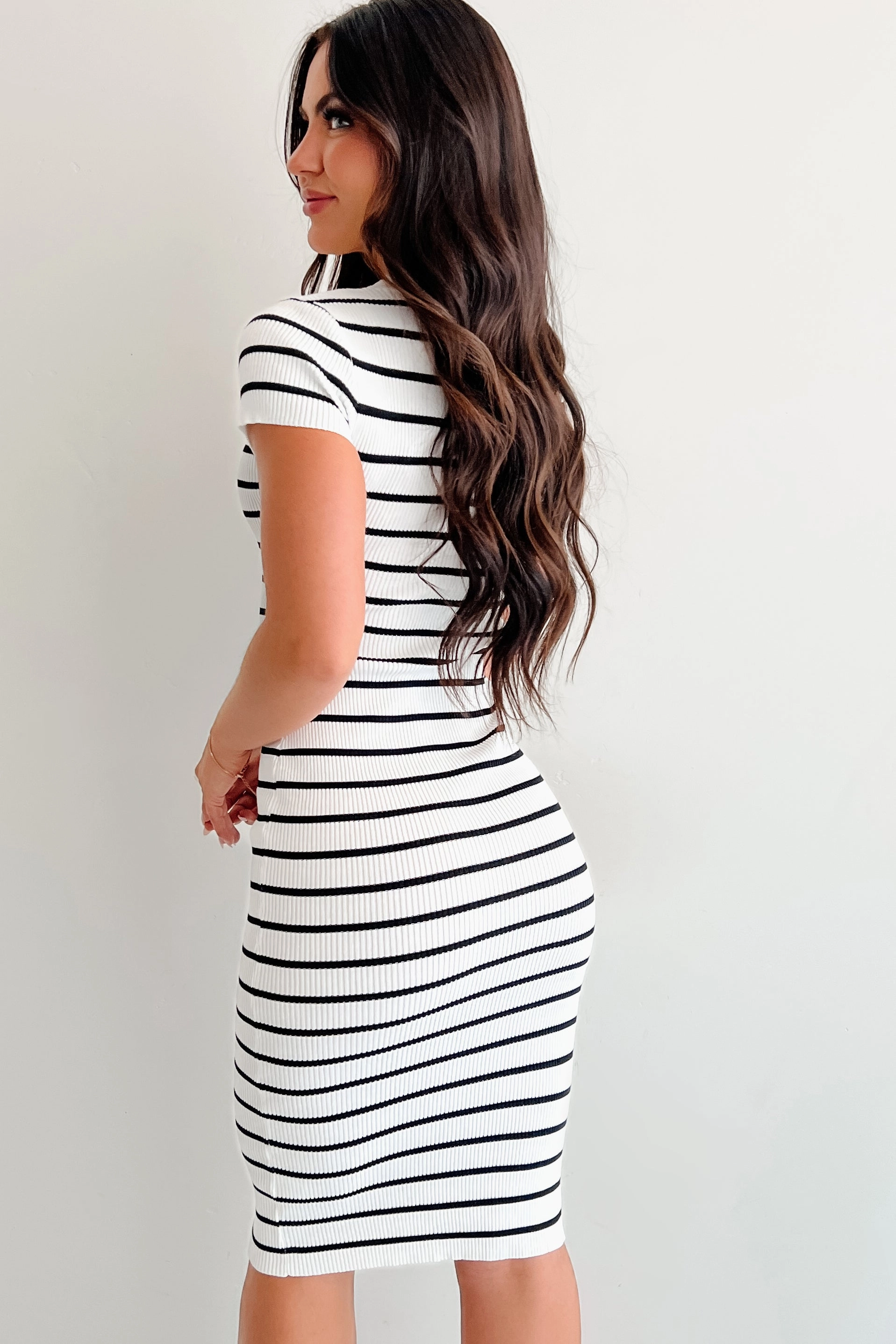 Flower Grace Casual Chic The Real Thing Striped Bodycon Midi Dress (White)
