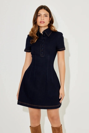 Refined Form Drawstring-Closure The Ultimate Muse Denim Collared Mini Dress Blue