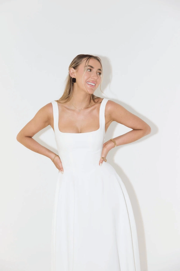 The Ultimate Muse High Waist Square Neck Midi Dress White Lightweight Comfort