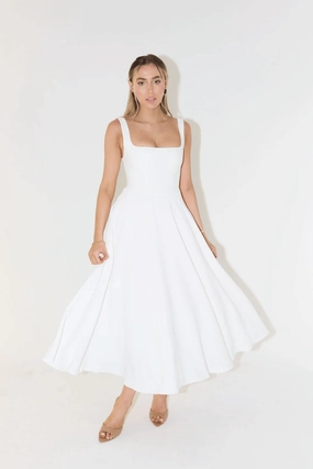 The Ultimate Muse High Waist Square Neck Midi Dress White Fit for All Seasons Bright Mood