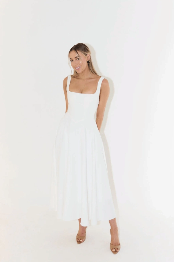Slim Touch Lightweight-Layer The Ultimate Muse High Waist Square Neck Midi Dress White