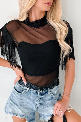 The Way I Am Mesh Mock Neck Fringe Top (Black) FlexibleSole OdorResistant Technology