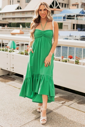 Chasing Daylight Ruffled Hem Midi Dress (Green) Simple Bow