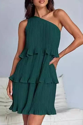 DIAGONAL SHOULDER TIERED PATCHWORK DRESS_CWDSD3999 Flattering Waist Chic Waist