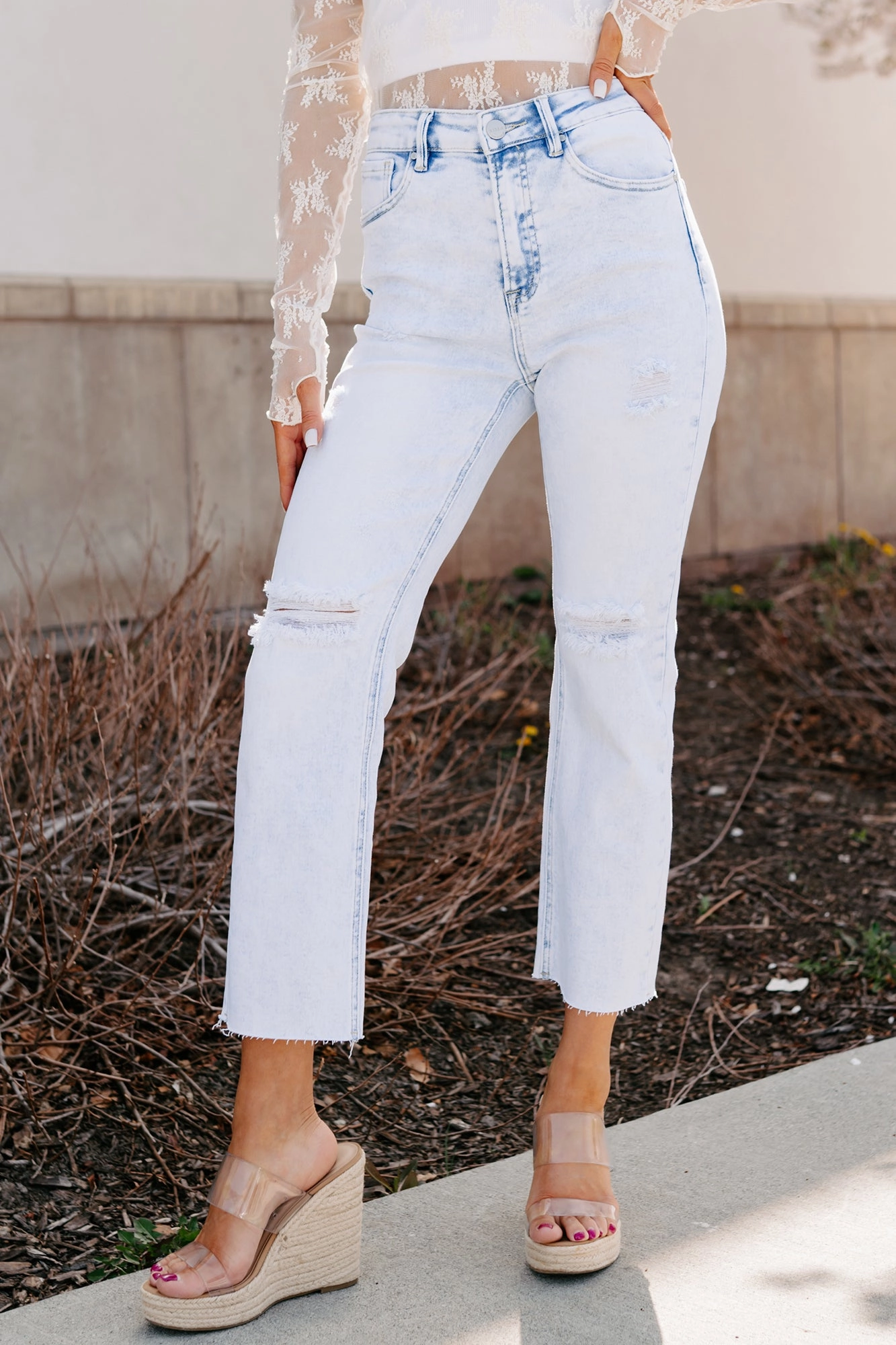 Theresa High Rise Distressed Risen Jeans (Acid Light) ElasticWaist