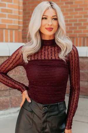 Laced In Fame Floral Mock Neck Lace Bodysuit (Baked Plum) Formal Blouse