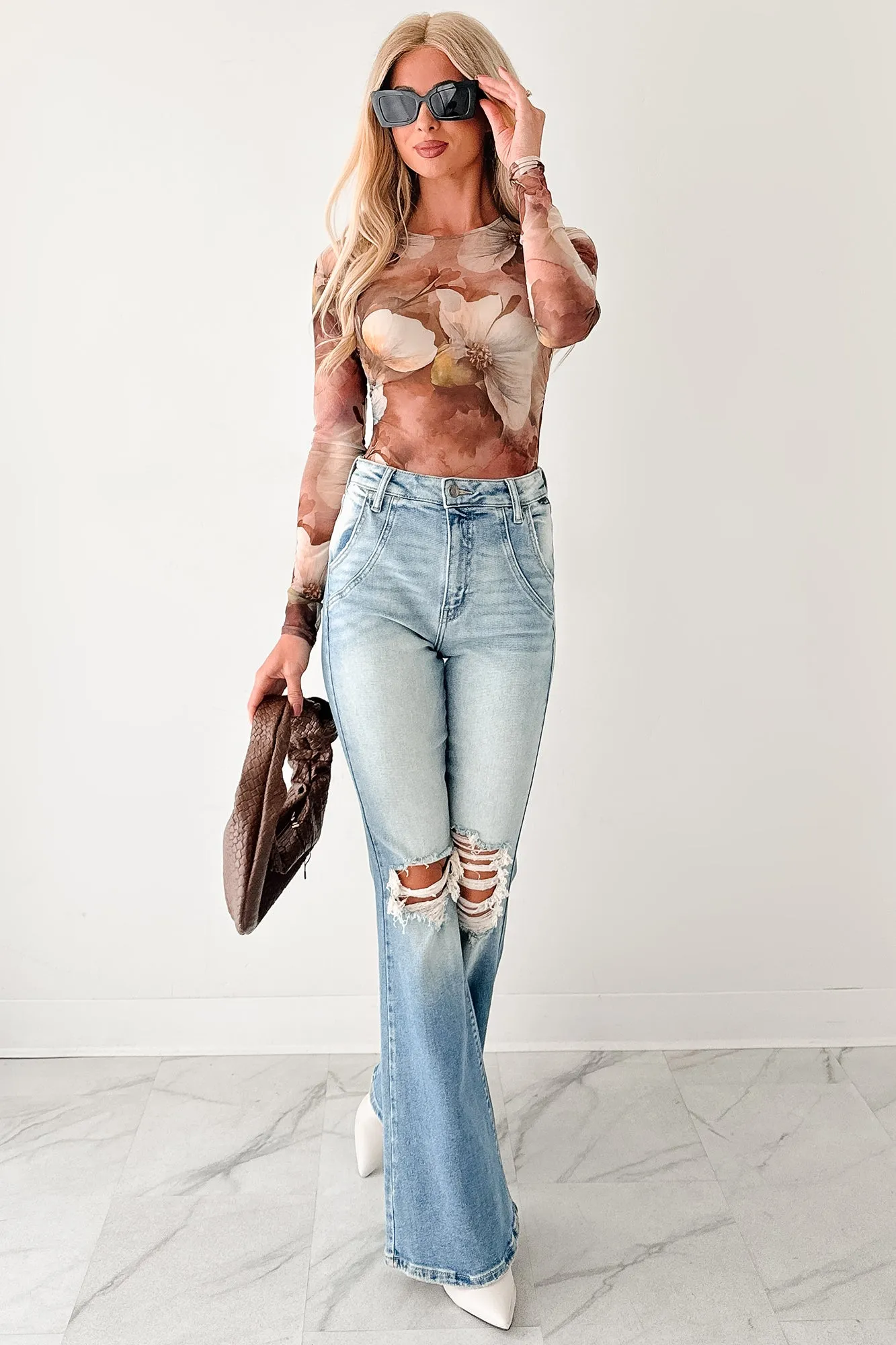Lipstick Logic Floral Mesh Bodysuit (Taupe/Multi) Minimalist Silhouette Relaxed Hoodie