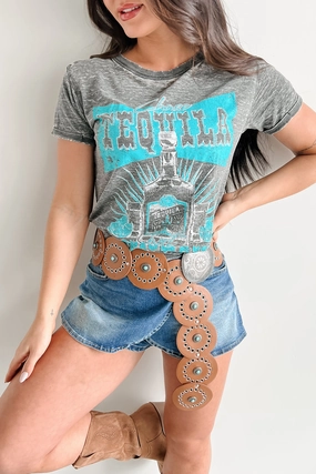 Layered Collar Structure "Chase Tequila Not Cowboys" Graphic Tee (Black)
