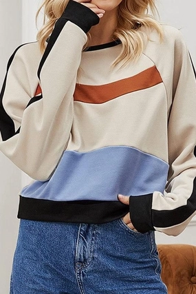 WOMEN'S COLOR BLOCK CREW NECK SHORT TOP Relaxed Tee LightweightTexture