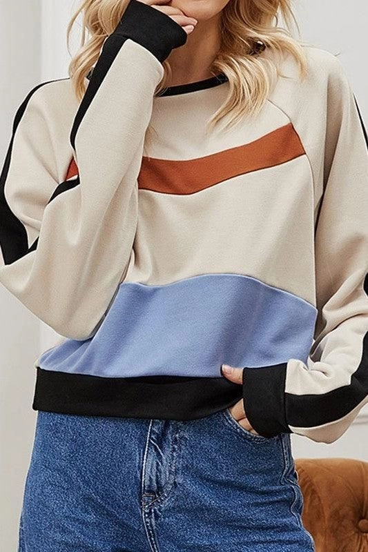 RaglanSleeve ReinforcedShoulderConstruction WOMEN'S COLOR BLOCK CREW NECK SHORT TOP