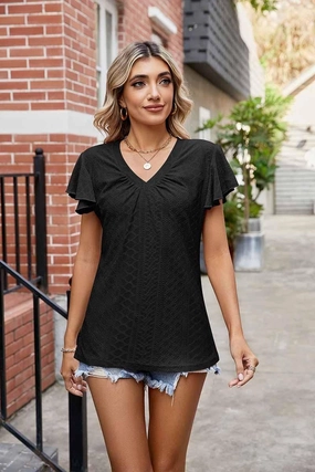 Chic Cardigan WRINKLED V NECK RUFFLED SLEEVES PUNCHING LACE TEE