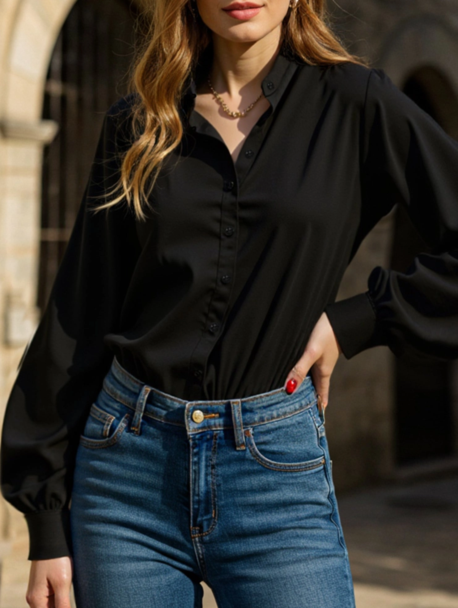 SlipResistant Women's solid color loose stand collar shirt
