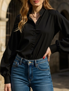 Women's solid color loose stand collar shirt Overlock Edging