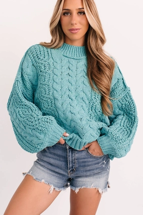 Four Way Stretch Low Profile Seaming Things Change POL Cable Knit Sweater (Aqua Teal)
