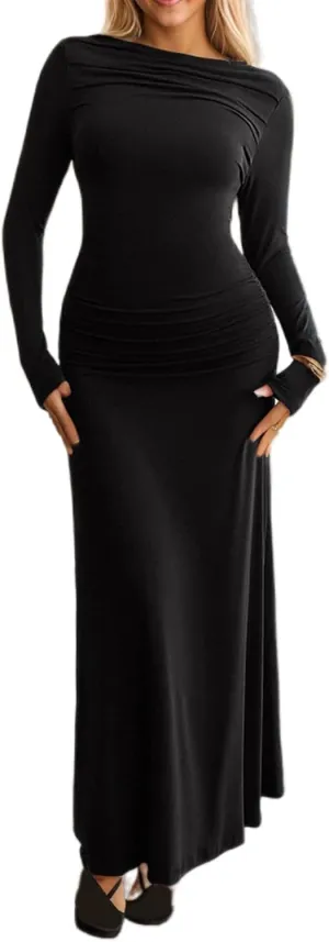 TIAFORD Women Off Shoulder Ruched Bodycon Maxi Dress Sexy Long Sleeve Slim Fit Bodycon Long Evening Formal Dress
