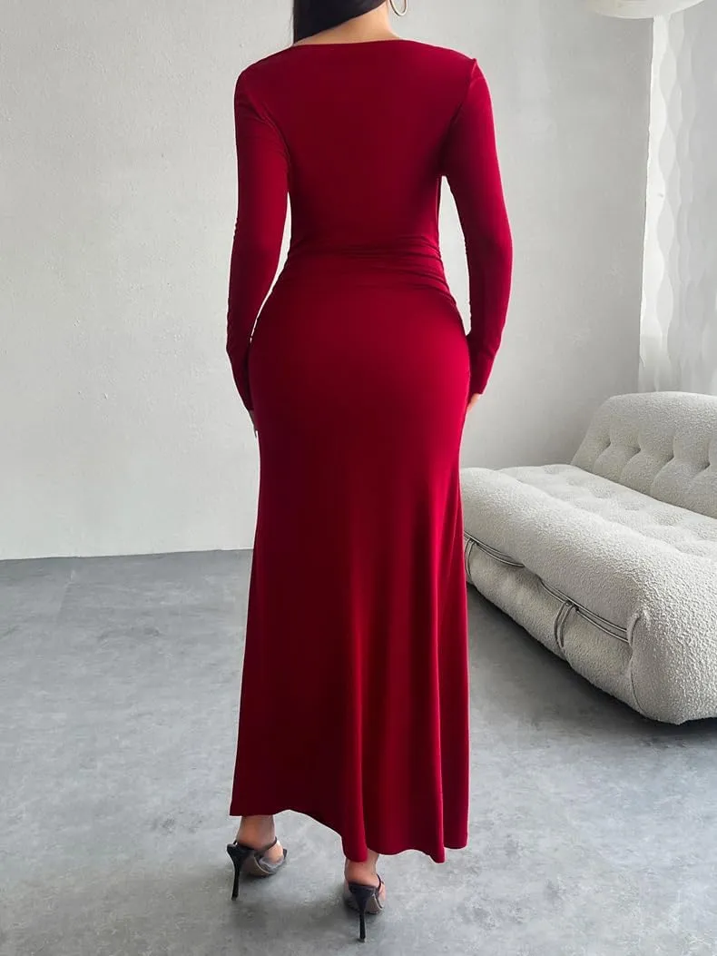 TIAFORD Women Off Shoulder Ruched Bodycon Maxi Dress Sexy Long Sleeve Slim Fit Bodycon Long Evening Formal Dress