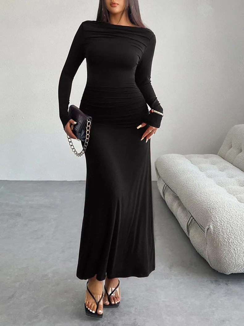 TIAFORD Women Off Shoulder Ruched Bodycon Maxi Dress Sexy Long Sleeve Slim Fit Bodycon Long Evening Formal Dress