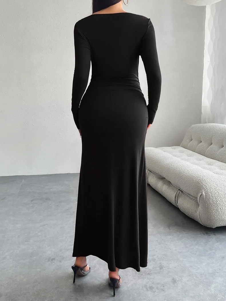 TIAFORD Women Off Shoulder Ruched Bodycon Maxi Dress Sexy Long Sleeve Slim Fit Bodycon Long Evening Formal Dress