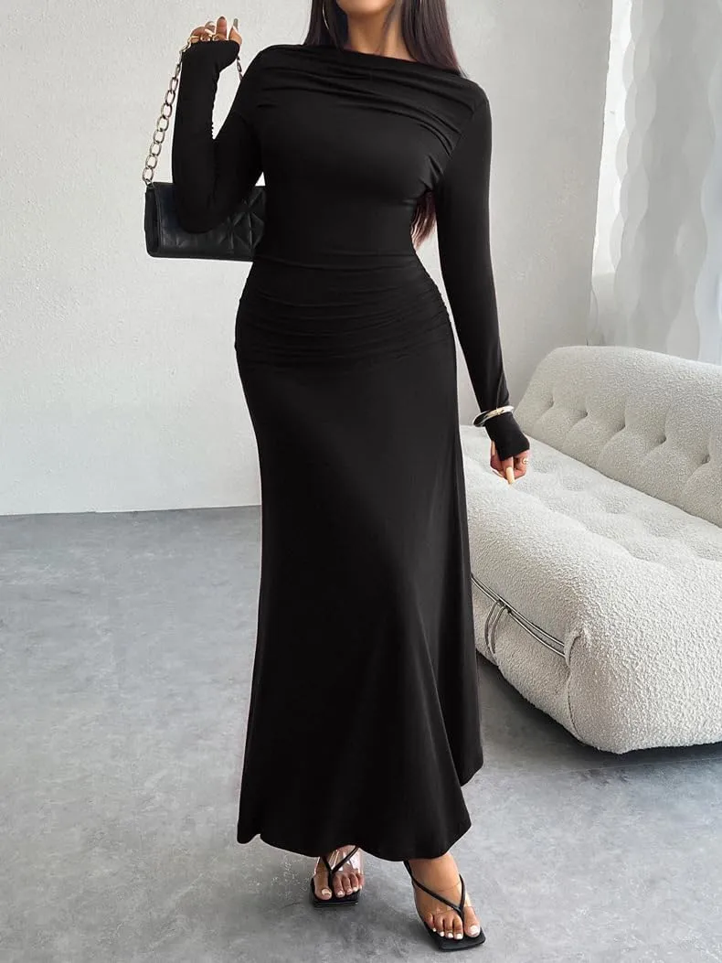 TIAFORD Women Off Shoulder Ruched Bodycon Maxi Dress Sexy Long Sleeve Slim Fit Bodycon Long Evening Formal Dress