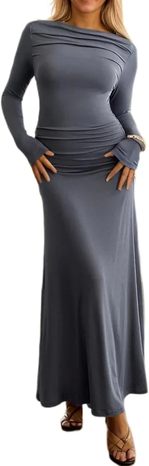 TIAFORD Women Off Shoulder Ruched Bodycon Maxi Dress Sexy Long Sleeve Slim Fit Bodycon Long Evening Formal Dress