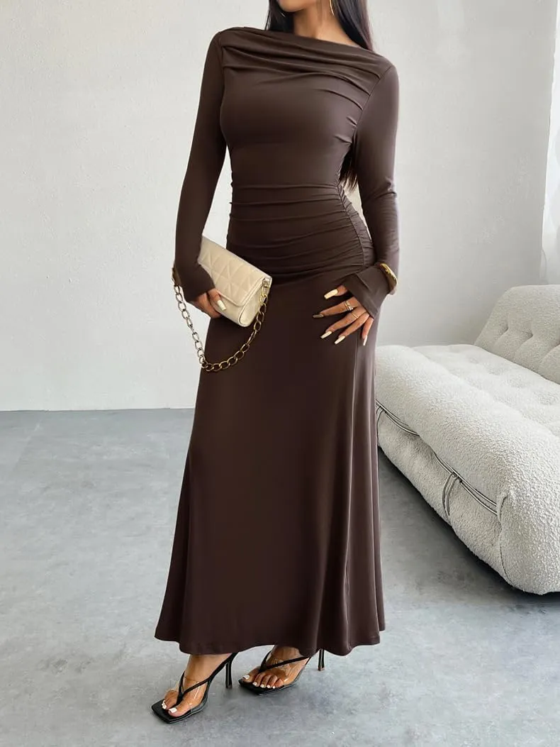 TIAFORD Women Off Shoulder Ruched Bodycon Maxi Dress Sexy Long Sleeve Slim Fit Bodycon Long Evening Formal Dress