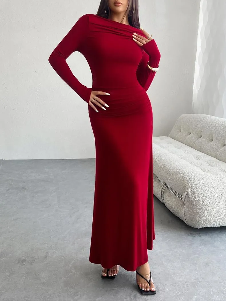 TIAFORD Women Off Shoulder Ruched Bodycon Maxi Dress Sexy Long Sleeve Slim Fit Bodycon Long Evening Formal Dress