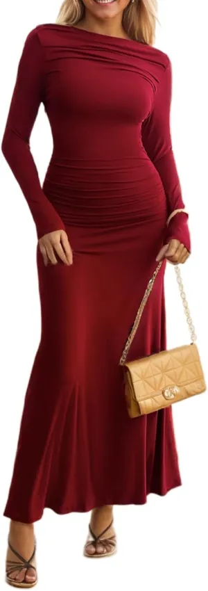 TIAFORD Women Off Shoulder Ruched Bodycon Maxi Dress Sexy Long Sleeve Slim Fit Bodycon Long Evening Formal Dress