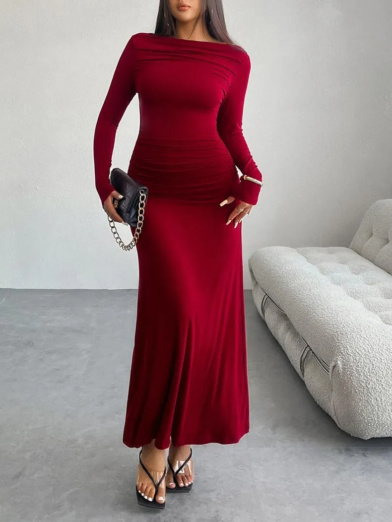 TIAFORD Women Off Shoulder Ruched Bodycon Maxi Dress Sexy Long Sleeve Slim Fit Bodycon Long Evening Formal Dress