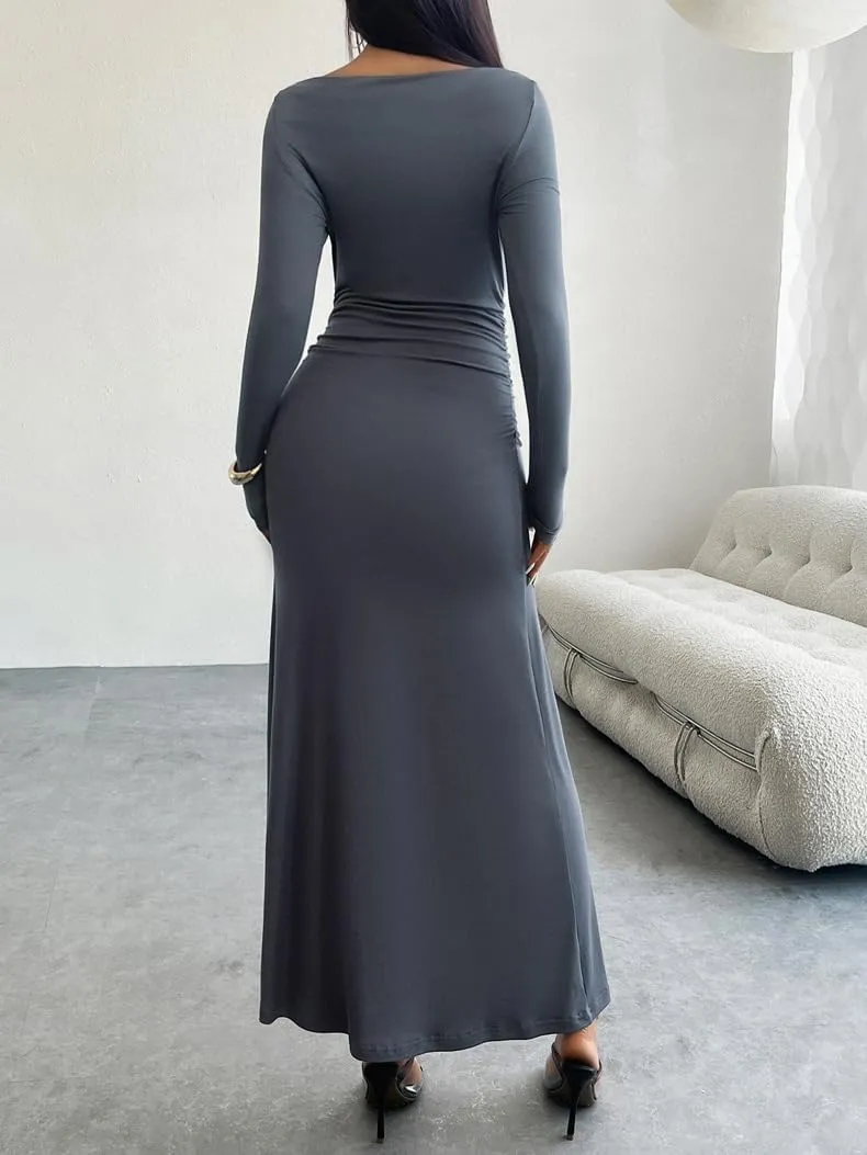TIAFORD Women Off Shoulder Ruched Bodycon Maxi Dress Sexy Long Sleeve Slim Fit Bodycon Long Evening Formal Dress